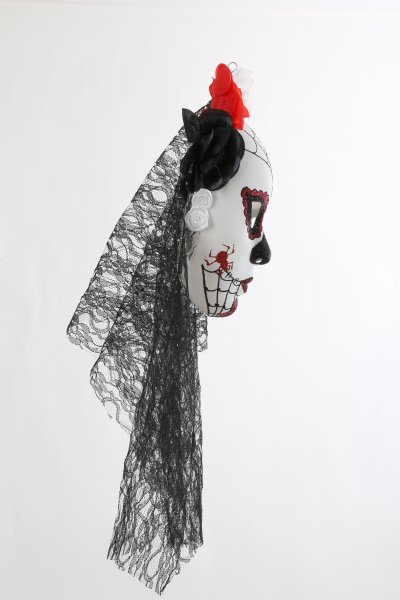 Maske mexikanischer Totentag, weiß-rot-schwarz, Spinne, Rosen, Schleier, Halloween, Dia de los Muertos